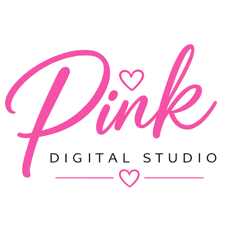 Pink Digital Studio logo featuring pink cursive 'Pink' with heart accents and a black 'DIGITAL STUDIO' wordmark beneath.